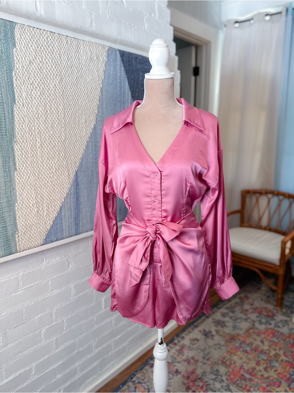 Blue Blush Fuchsia Button Down Collared Shirt Romper